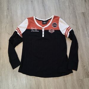 Harley Davidson Womens Classic Long Sleeve Henley Pullover Top XL Black Orange